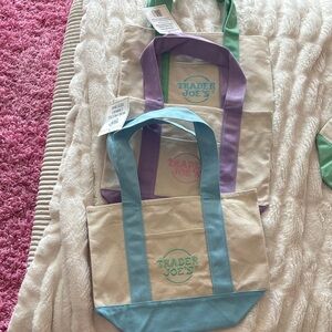 Set of (3) Trader Joe’s Tote Bags - Cream with Blue and Purple Accents